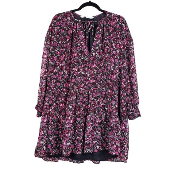 Zara Womens Long Sleeve Black Pink Clip Dot Floral Print Mini Dress Size L NWOT - Picture 4 of 8